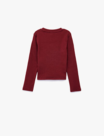 Taş Detaylı Bisiklet Yaka Uzun Kollu Baskılı Pamuklu Tişört