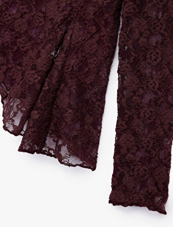 Uzun Kollu Bisiklet Yaka Asimetrik Kesim Dantel Bluz