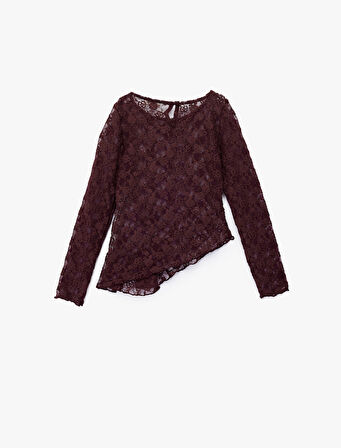 Uzun Kollu Bisiklet Yaka Asimetrik Kesim Dantel Bluz