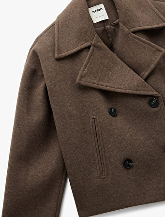 Kısa Kaşe Kaban Kruvaze Düğmeli Uzun Kollu Cepli