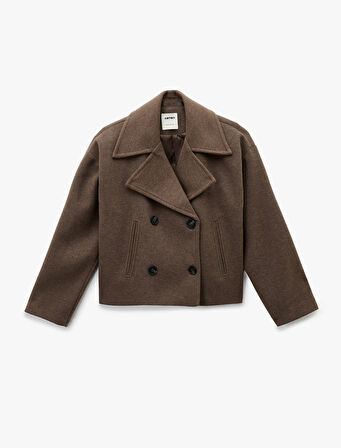 Kısa Kaşe Kaban Kruvaze Düğmeli Uzun Kollu Cepli