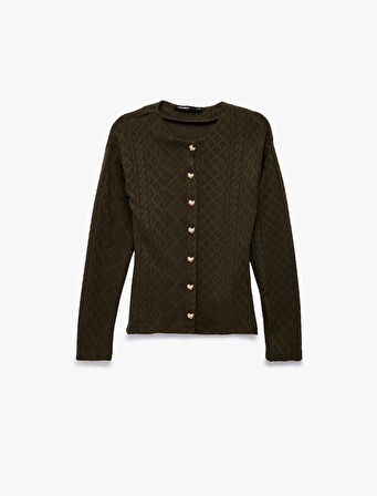 Slim Fit Uzun Kollu Bisiklet Yaka Kalpli Düğme Detaylı Saç Örgü Hırka