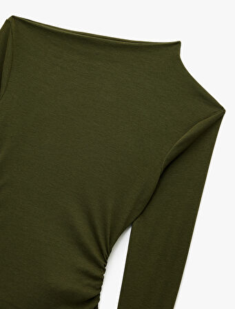 Slim Fit Drapeli Asimetrik Yaka Uzun Kollu Tişört