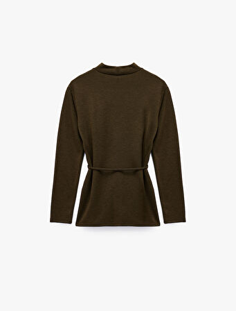 Slim Fit Uzun Kollu Hafif Dik Yaka Kemerli Tişört