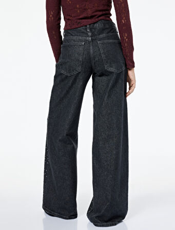 Normal Bel Bol Paça Taşlı Jean Pantolon - Loose Straight Fit Jean