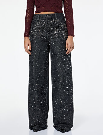 Normal Bel Bol Paça Taşlı Jean Pantolon - Loose Straight Fit Jean