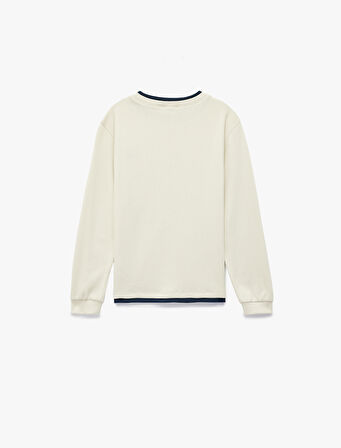 Pamuklu Bisiklet Yaka İşleme Detaylı Uzun Kollu Tişört