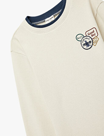 Pamuklu Bisiklet Yaka İşleme Detaylı Uzun Kollu Tişört