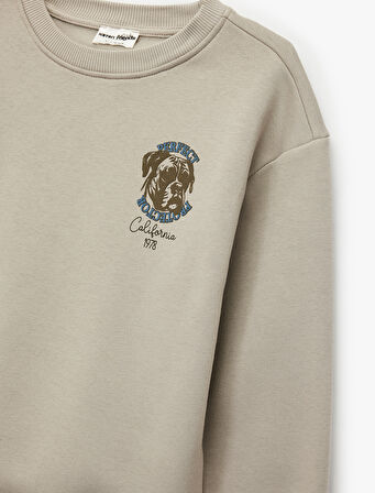 Şardonlu Uzun Kollu Bisiklet Yaka Köpek Baskılı Sweatshirt