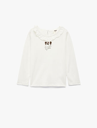 Pamuklu Fırfır Detaylı Çiçek Baskılı Bisiklet Yaka Uzun Kollu Tişört