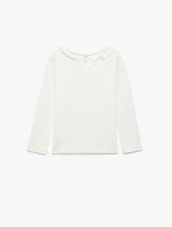 Pamuklu Fırfır Detaylı Çiçek Baskılı Bisiklet Yaka Uzun Kollu Tişört