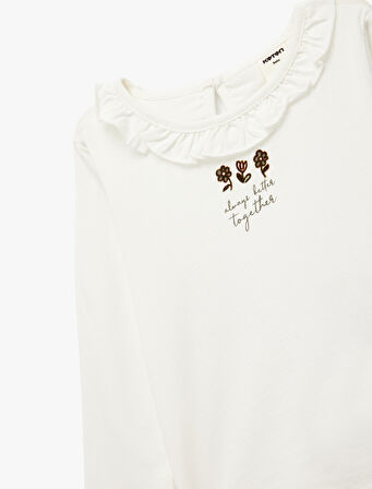 Pamuklu Fırfır Detaylı Çiçek Baskılı Bisiklet Yaka Uzun Kollu Tişört