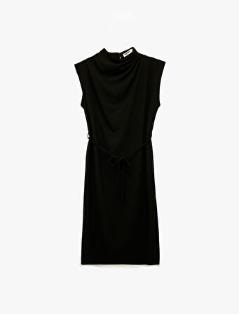 Dik Yaka Kolsuz Midi Drapeli Elbise