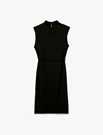 Dik Yaka Kolsuz Midi Drapeli Elbise