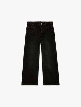 Pamuklu Cep Detaylı Geniş Paça Denim Pantolon