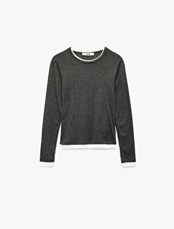 Bisiklet Yaka Biyeli Slim Fit Viskon Karışımlı Uzun Kollu Tişört