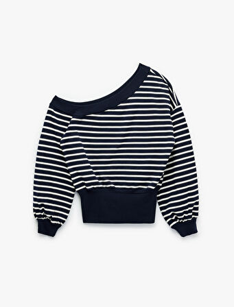Çizgili Uzun Kollu Kayık Yaka Rahat Kalıp Omzu Açık Crop Sweatshirt