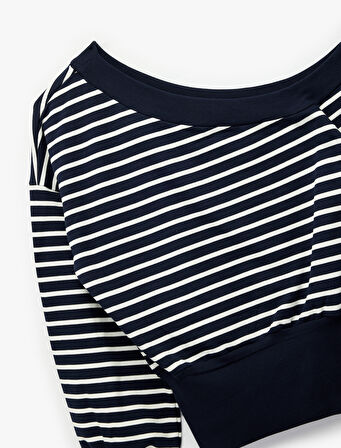 Çizgili Uzun Kollu Kayık Yaka Rahat Kalıp Omzu Açık Crop Sweatshirt