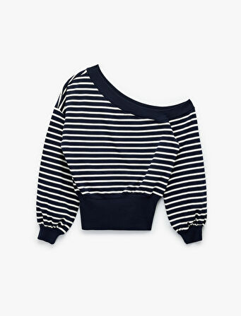 Çizgili Uzun Kollu Kayık Yaka Rahat Kalıp Omzu Açık Crop Sweatshirt