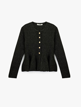 Uzun Kollu Bisiklet Yaka Düğme Detaylı Triko Peplum Hırka