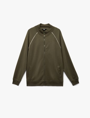 Uzun Kollu Çizgi Detaylı Cepli Pamuklu Dik Yaka Fermuarlı Sweatshirt