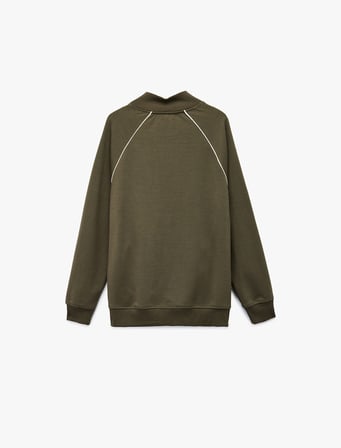 Uzun Kollu Çizgi Detaylı Cepli Pamuklu Dik Yaka Fermuarlı Sweatshirt