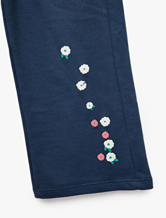 Şardonlu Çiçek Baskılı Pamuklu Geniş Paça Eşofman Altı