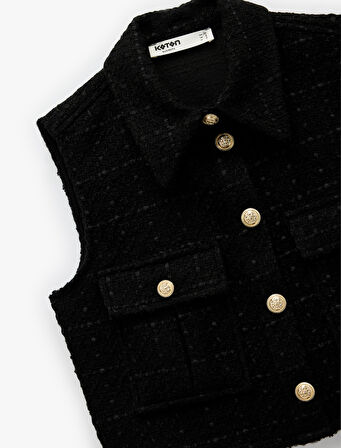 Yuvarlak Yaka Düğmeli Cepli Metal Aksesuar Detaylı Kolsuz Tüvit Yelek