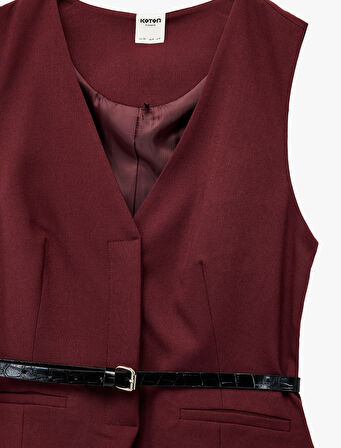 Kemer Detaylı Kolsuz Cepli V Yaka Yelek