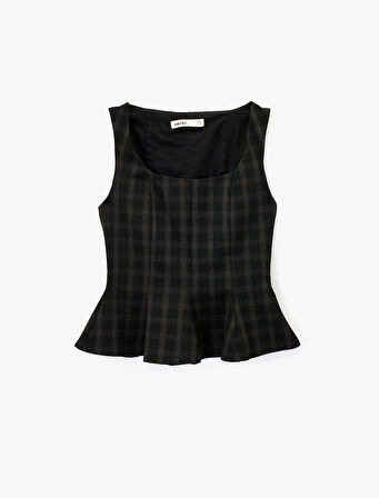 Kare Yaka Kolsuz Ekose Peplum Bluz