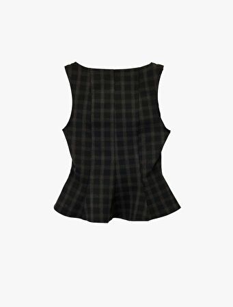 Kare Yaka Kolsuz Ekose Peplum Bluz