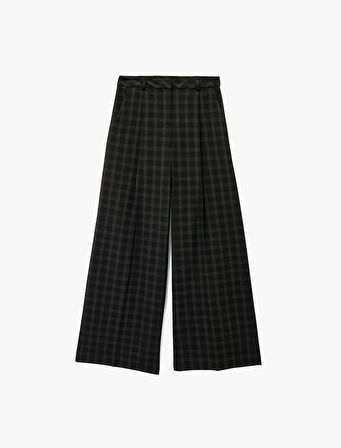 Cepli Yüksek Bel Kareli Geniş Paça Palazzo Pantolon