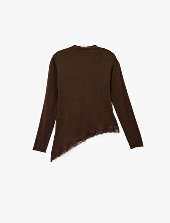 Regular Fit Uzun Kollu Asimetrik Bisiklet Yaka Dantelli Tişört