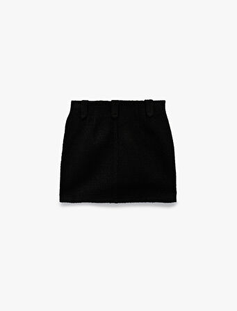 Metal Aksesuarlı Düğmeli Cepli Mini A Kesim Tüvit Etek