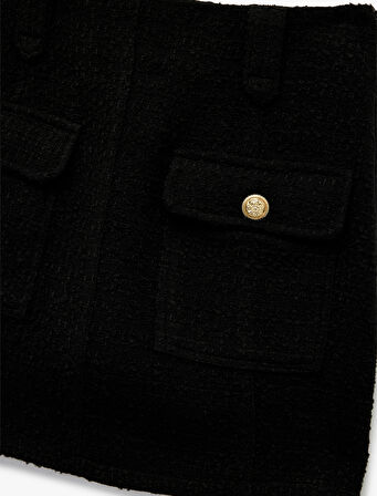 Metal Aksesuarlı Düğmeli Cepli Mini A Kesim Tüvit Etek