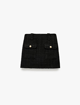 Metal Aksesuarlı Cep Detaylı Mini A Kesim Tüvit Etek