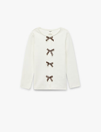 Uzun Kollu Fiyonk Detaylı Bisiklet Yaka Pamuklu Tişört