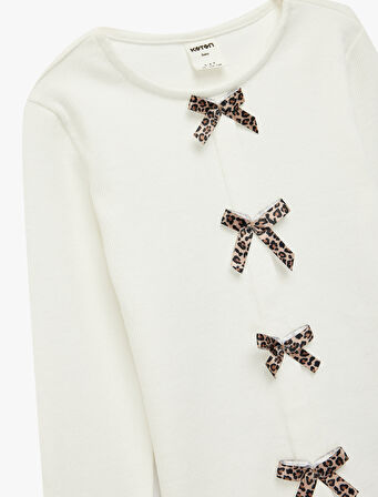 Uzun Kollu Fiyonk Detaylı Bisiklet Yaka Pamuklu Tişört