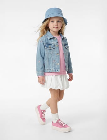 Pamuklu Uzun Kollu Fiyonk İşlemeli Cepli Denim Ceket