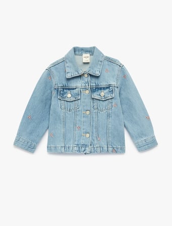Pamuklu Uzun Kollu Fiyonk İşlemeli Cepli Denim Ceket