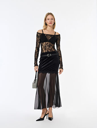 Dantelli Tül Detaylı Kadife Etek