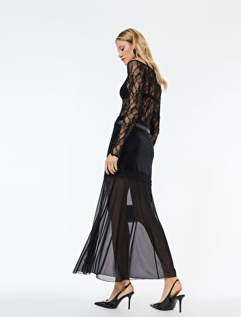 Dantelli Tül Detaylı Kadife Etek