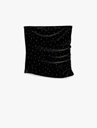 Drape Detaylı Taşlı Straplez Kadife Bluz
