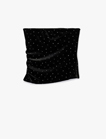 Drape Detaylı Taşlı Straplez Kadife Bluz