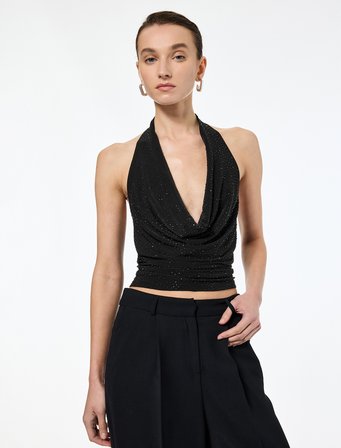 Slim Fit Sırt Dekolteli Taşlı Derin Degaje Yaka Bluz