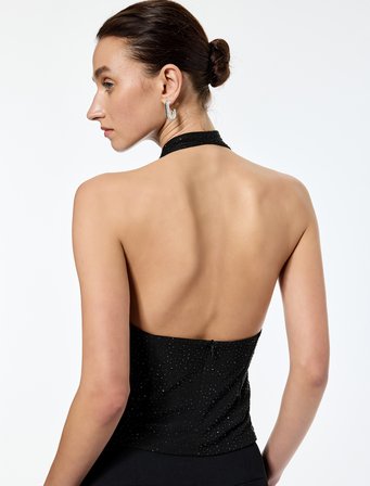 Slim Fit Sırt Dekolteli Taşlı Derin Degaje Yaka Bluz