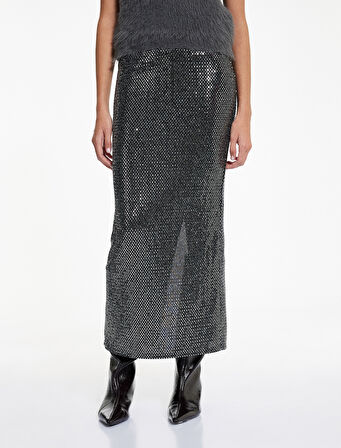 Slim Fit Yırtmaç Detaylı Yarı Transparan Midi Pullu Payetli Etek