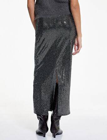 Slim Fit Yırtmaç Detaylı Yarı Transparan Midi Pullu Payetli Etek