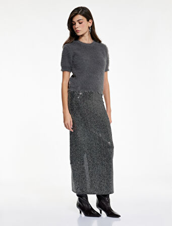 Slim Fit Yırtmaç Detaylı Yarı Transparan Midi Pullu Payetli Etek