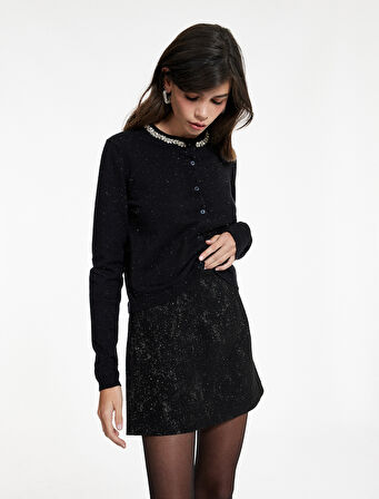 Slim Fit Metalik İplikli Detaylı Simli A Kesim Mini Etek